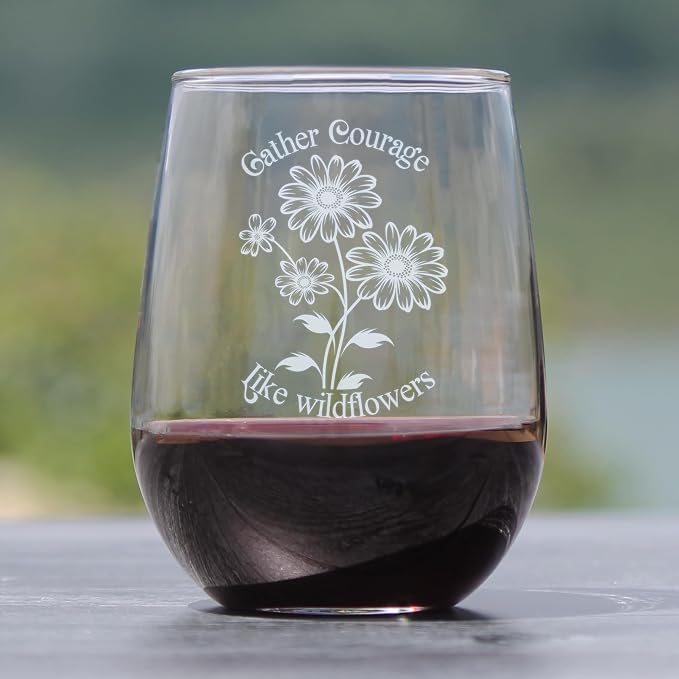 Gather Courage Stemless Wine Glass, Hand Engraved Etched Daisy Floral Glassware, Empowering for Her - Image 2