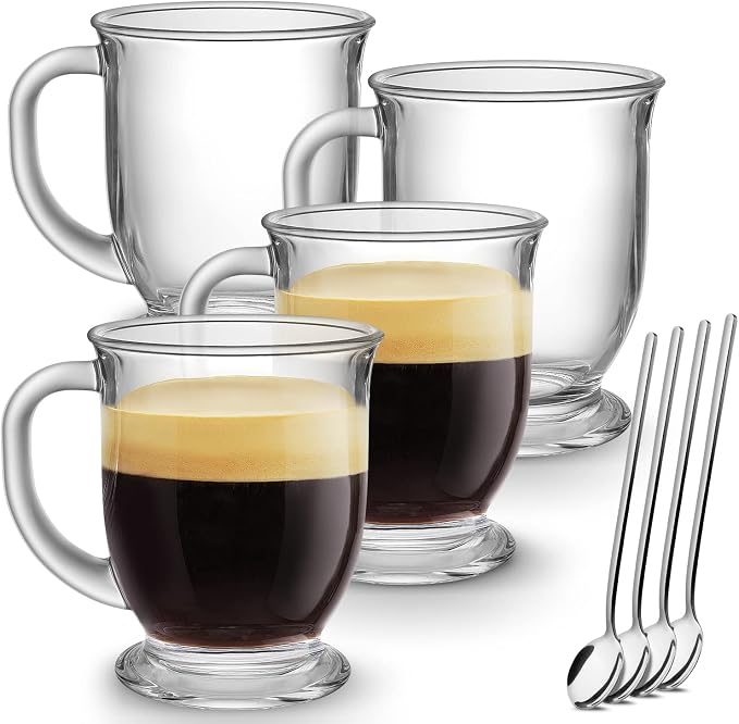 Mfacoy Glass Coffee Mugs Set of 4, Clear Large Coffee Mug 15 Oz With Handles for Hot Beverages, Clear Mugs for Tea, Cappuccino, Latte, Espresso Coffee, Juice, Glass Coffee Cups by Mfacoyisalifestylebrand
