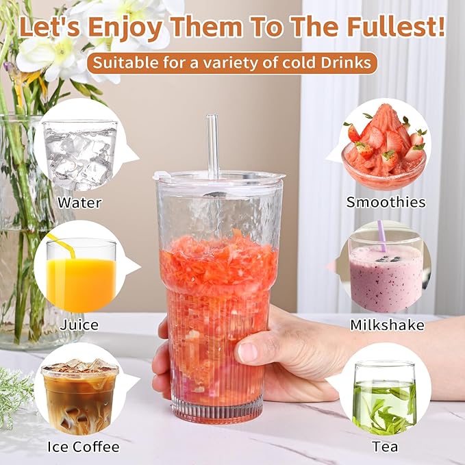 20oz Glass Tumblers with Lids and Straws,4PCS Glass Cups with Lids and Straws,Iced Coffee Cups with Lid,Drinking Glasses for Juice, Smoothies
