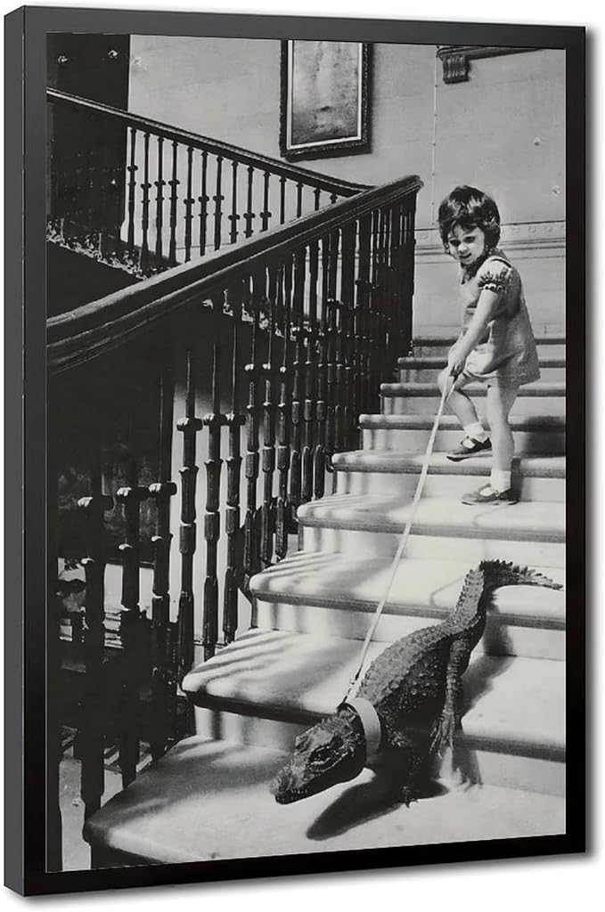 UXCBIA Girl Walking Baby Crocodile on Leash, Black And White Vintage Photo, Oddities, Funny Poster Canvas Poster Bedroom Decor Sports Landscape Office Room Decor Gift Black Frame 20x30in(50x75cm) by Unknown