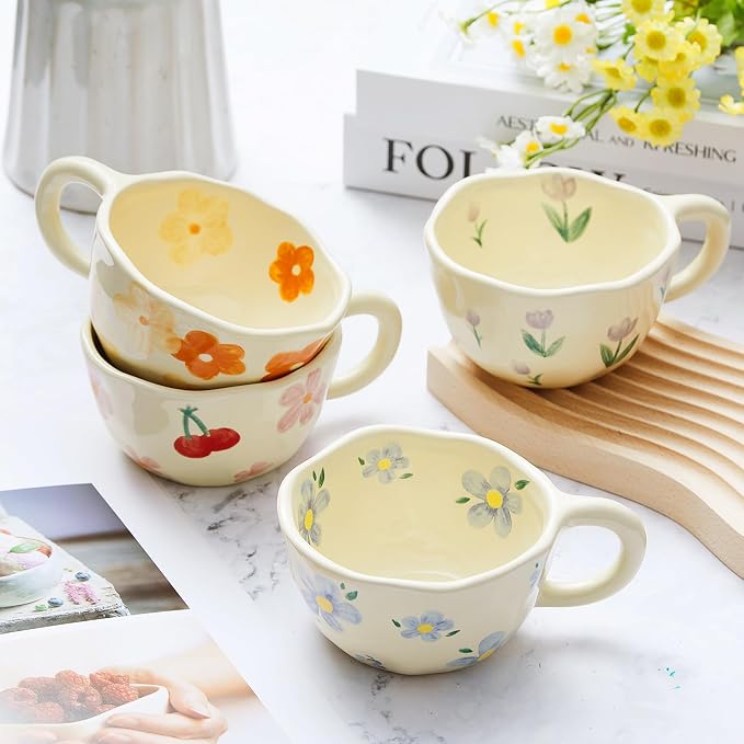 Vesici 4 Pack Ceramic Flower Coffee Mug with Spoon 8.5 oz, Cute Aesthetic Tea Cups with Handle for Tea, Milk, Latte Mugs for Coffee Bar Women Birthday Housewarming Gifts, Dishwasher Microwave Safe - Image 6