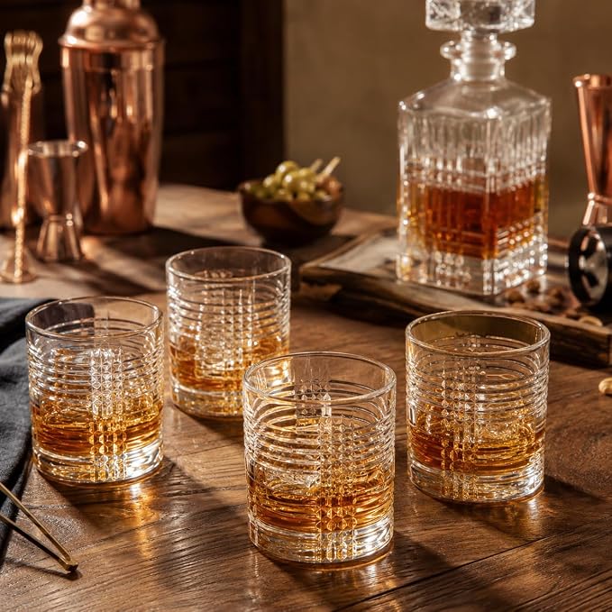 Old Fashioned Whiskey Glasses Set of 4, 14 oz Rocks Glasses, Heavy Base Scotch Bourbon Cocktail Tumblers, Ribbed Plaid Textured Drinking Glasses, Clear Lowball Glassware, Dishwasher Safe - Image 2