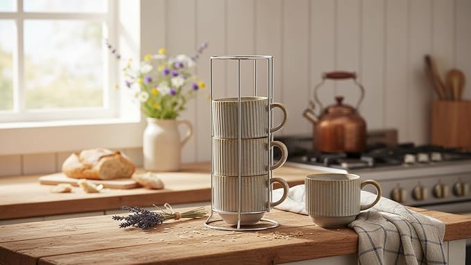 HASENSE Coffee Mug Ceramic Set of 4 with Stand - 15 oz Rustic Farmhouse Stackable Ribbed Latte Cup Set for Cappuccino, Tea, Hot Cocoa, Drinks - Dishwasher & Microwave Safe, Lavender Gray - Image 4