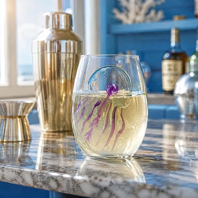 Ocean Themed Jellyfish Hand-Blown Coastal Glassware for Gifts | Ocean Themed Octopus Glassware Hand Blown Coastal Stemless Wine Glasses—Unique Coastal Decor Gift for Ocean Lovers - Image 4