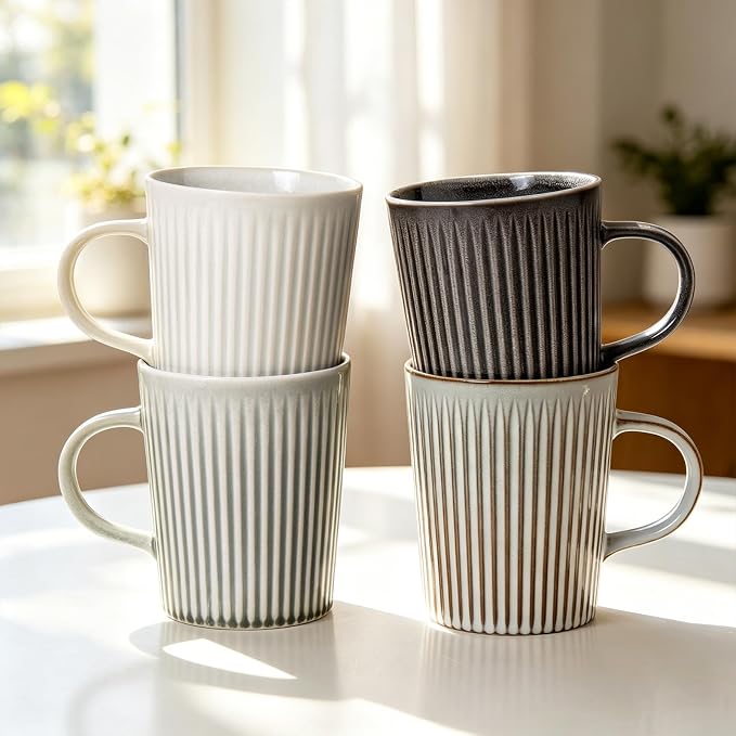 Coffee Mugs Set of 4, 18oz Large Striped Stoneware Coffee Cups with Handle | Handmade Ceramic Mugs Set for Women and Men, Dishwasher and Microwave Safe, Suitable for Hot Coffee, Tea, Cocoa, Milk, Glossy - Image 8