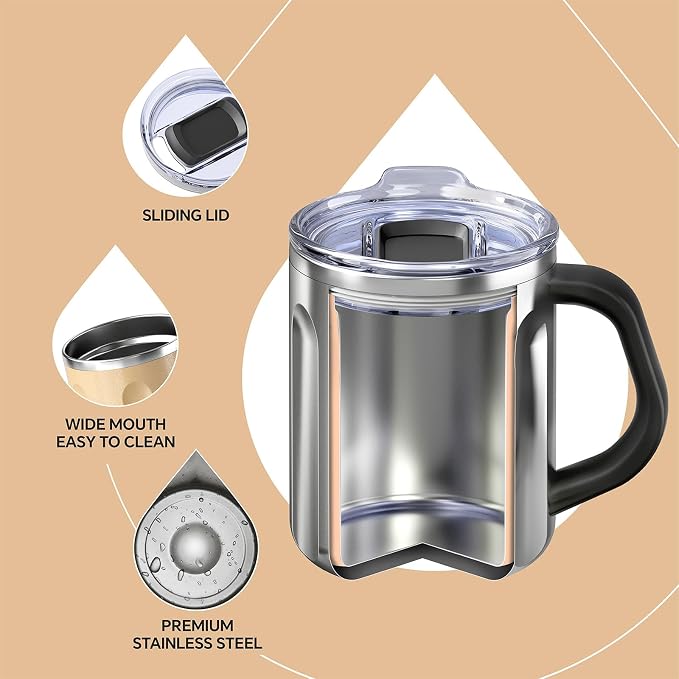 Ideus 16 oz Insulated Coffee Mug with Handle and Lid, Double Wall Stainless Steel Vacuum Thermal Coffee Mug, Travel Coffee Cup Thermal Cup for Home and Office, Golden-FUJI FLOW - Image 3