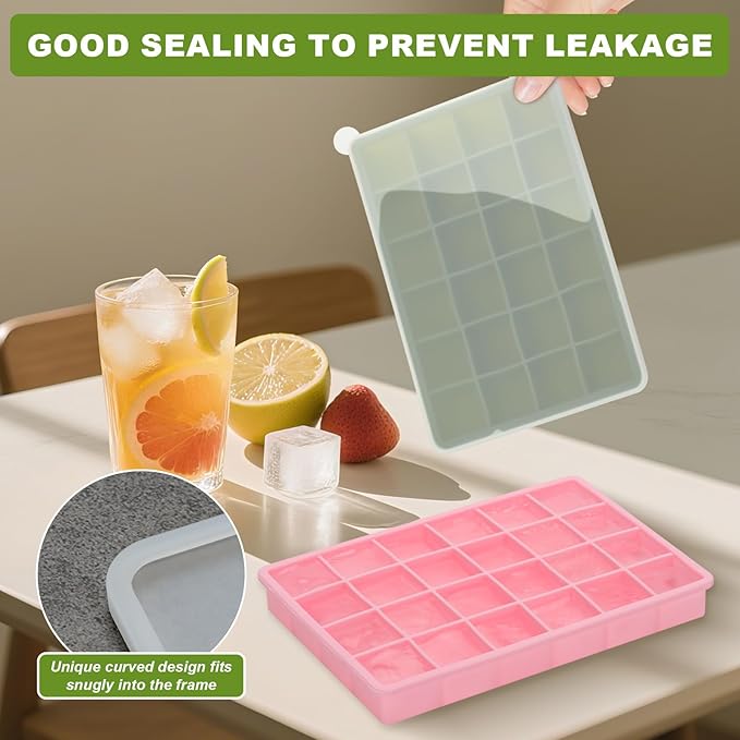 Silicone Ice Cube Tray, Easy Release Flexible Ice Cube Tray with Removable Lid, 24 Ice Cub Per Tray for Whiskey, Freezer, Cocktail, Reusable & BPA Free (Pink+Green)