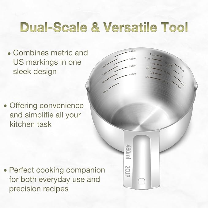2PCS Stainless Steel Measuring Cup Set, Includes 2Cup(480ml, 16oz) and 1Cup (240ml, 8oz), Etched Inner Scale Measure Scoop, Metric and US Measurement, Dishwasher Safe