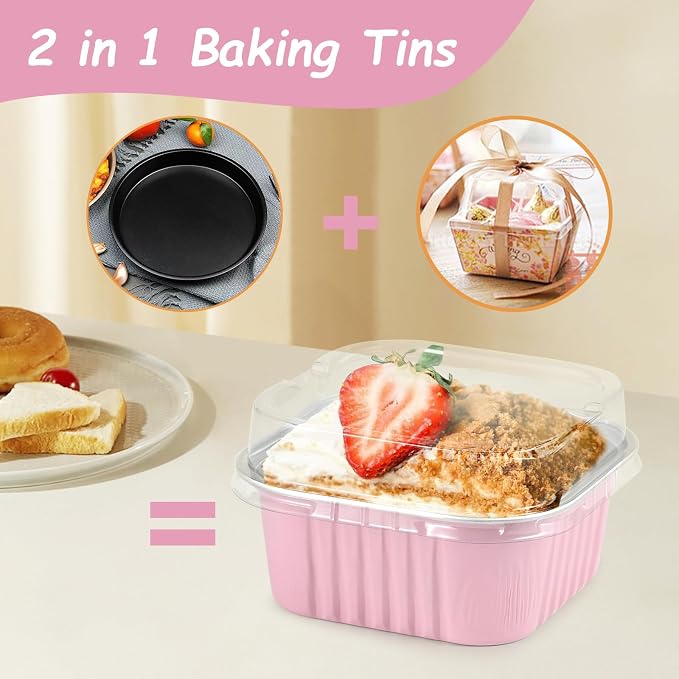 Mini Square Baking Cups with Lids, 50 Pcs Pink 5oz Aluminum Foil Cupcake Tins with Lids, Disposable Ramekins Flan Cake Pans Tins for Souffle, Dessert, Valentine, Wedding, Party Small Cake Containers - Image 3