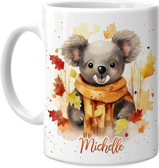 Hyturtle Personalized Fall Koala Coffee Mug Gifts on Birthday, Autumn Décor | Gifts For Koala Lovers - Fall Decoration Gift For Farmhouse Thanksgiving - Custom Name 11oz White Ceramic Coffee Tea Mug by Hyturtle