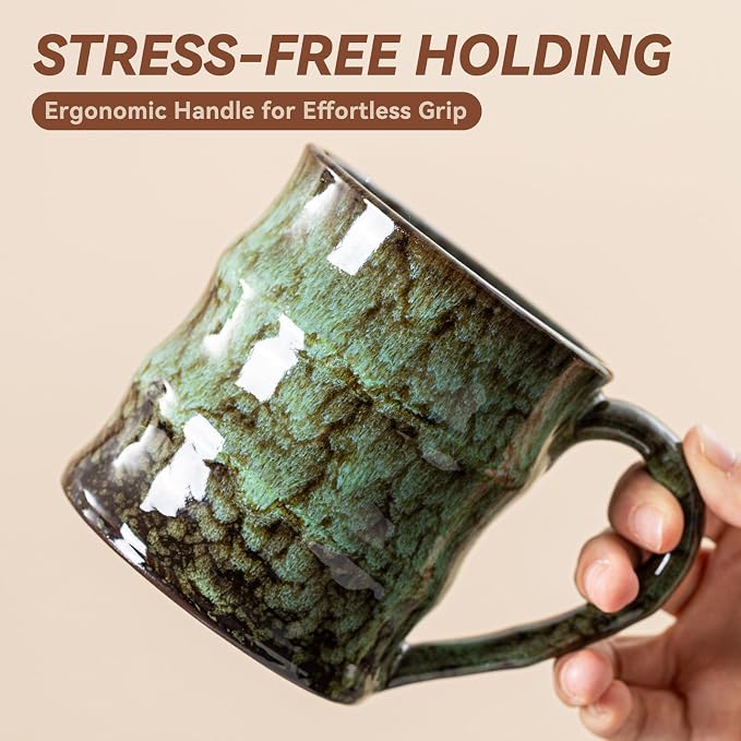 Unique Reactive Glaze Ceramic Coffee Mug - 15 oz Large Coffee Cup with Ergonomic Large Handle, Forest Green Ceramic Mug for Office & Home, Great Birthday Gift for Women, Men & Friends - Image 8