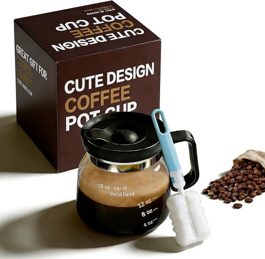 16 oz Clear Borosilicate Glass Coffee Pot Mug with Silicone Lid | Mini coffee pot design with cleaning brush for hot or cold drinks at home, in the office, or as a gift for coffee lovers by Unknown