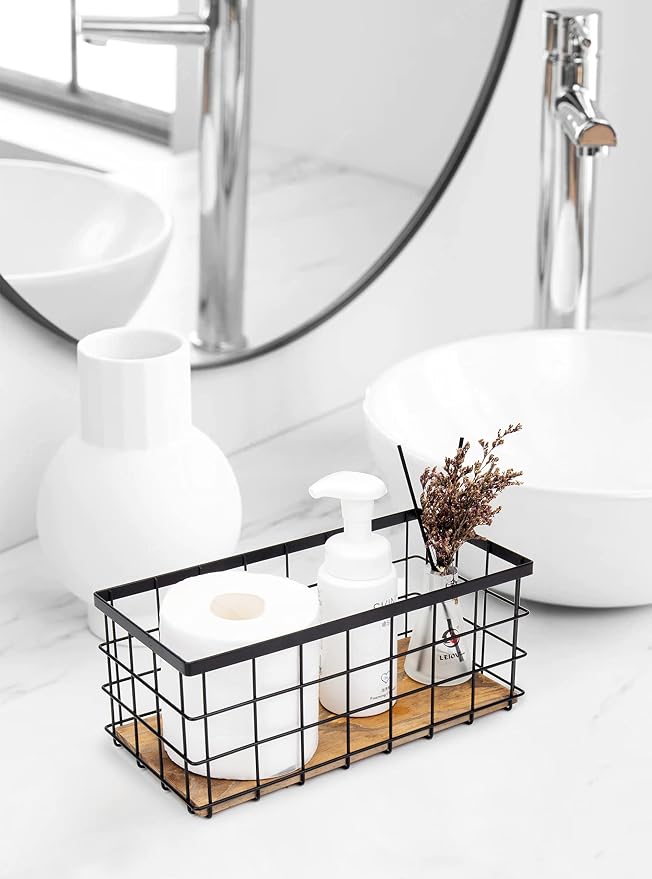 TIEYIPIN Farmhouse Decor Metal Wire Storage Baskets, Wood Base Containers Organizing Basket Caddy Bin for Kitchen Cabinets, Bathroom, Pantry, Garage, Laundry Room, Closets - Small - Black (Set of 3) - Image 2