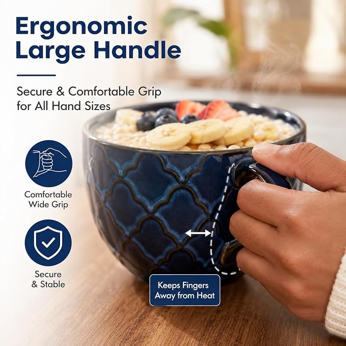 24 oz Large Coffee Mug, Ceramic Coffee Mugs with Handles, Soup Bowl, Blue | Big Coffee Mug for Hot Chocolate, Cappuccino, Soup, Oatmeal, Ramen, Microwave & Dishwasher Safe, Coffee Cups Large Soup Bowl - Image 3