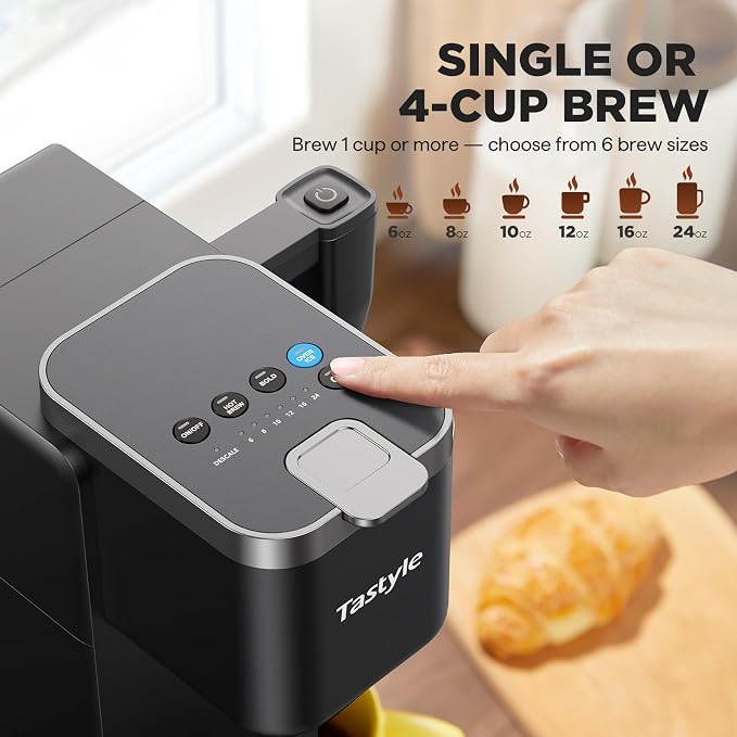Tastyle Single Serve Coffee Maker with Built-in Detachable Milk Frother | For K Cups & Grounds, 40oz Removable Water Tank, 6 Brew Sizes, 2 Drip Trays, BPA Free, Fits 7.3" Travel Mug, K330MF, Black - Image 4