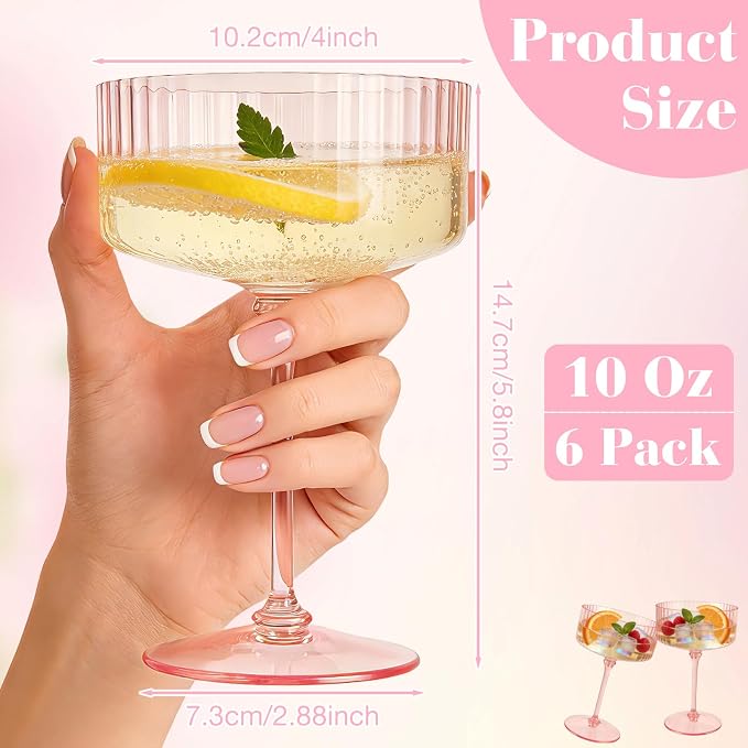 PLULON 6 Pcs Pink Champagne Martini Glasses Set 10 Oz Plastic Ribbed Coupe Cup, Cocktail Glasses Champagne Cup Tower Vintage Margarita Glassware for Clubs Gifts Wedding Bachelor Party Outdoor Events - Image 3