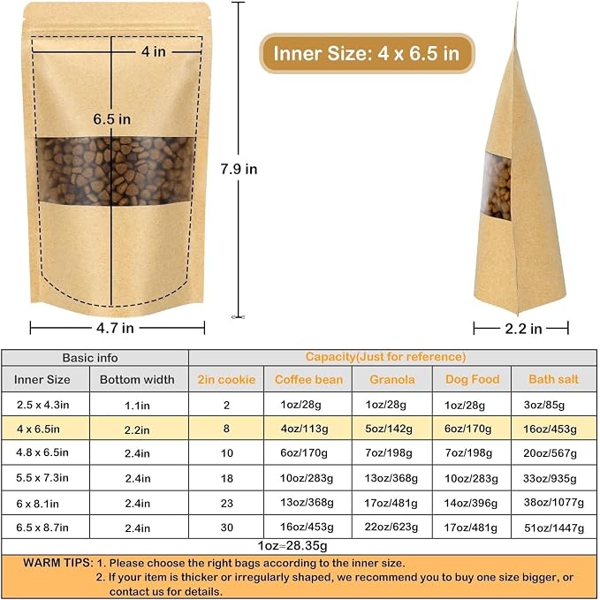 50 Pack Kraft Resealable Bags with Window for Storage (4 x 6.5 Inches) | Brown Zipper-Lock Heat Sealable Stand Up Pouch Bags with Matte Window and Tear Notch for Small Business Home Use - Image 2