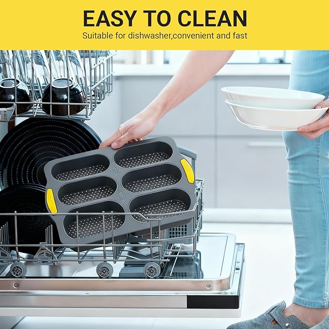 6-Cavity Silicone Baguette Bread Pan, Non-stick French Bread & Hot Dog Bun Mold, Foldable Loaf Pan Baking Tool for Hoagie Homemade Rolls, Dishwasher Safe,Easy Release, Local Stock- 1 Pack Gray