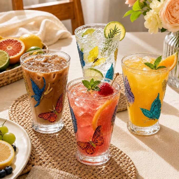 Butterfly Drinking Glasses Set of 2, 14oz Colored Highball Glasses | Vintage Glass Tumblers Hand Painted Glassware Water Tumbler for Water, Iced Coffee, Juice, Cocktails, Whiskey, Sparkling - Image 2