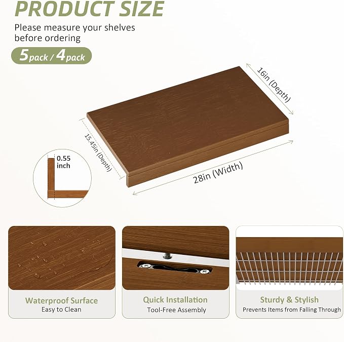 Wire Shelf Covers, Bamboo Wire Rack Covers for Pantry, Closet，Kitchen (5pcs, 28" W x 16" D, Walnut - Image 2