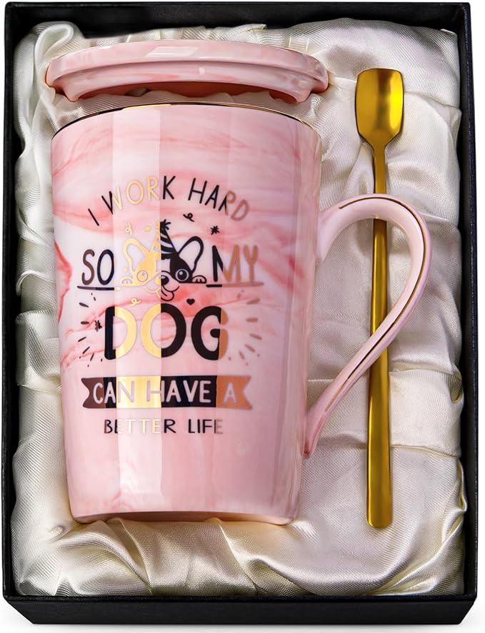 Dog Mom Gifts for Women, Unique Dog Lover Gift, 14oz Pink Marble Coffee Mug | Gold Print Cup Presents for Dog-Loving Friend Birthday, Christmas, Valentines, Mothers Day, with Greeting Card, Nice Gift Box by ALBISS