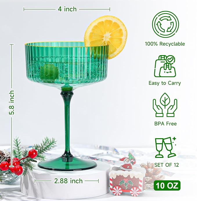 12 PCS Plastic Martini Glasses 10 oz Detachable Gold Rim Green Ribbed Coupe Glasses Vintage Christmas Martini Cocktail Glass for Bar,Margarita,Gin,Tequila, Desserts and Snacks - Image 2