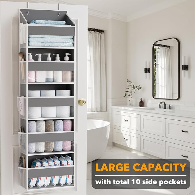 SpaceAid 1 Pack Over The Door Organizer with 5 Large Pockets and 10 Mesh Side Pockets, 5 Layers Door Organizer Hanging with Clear Window for Bedroom, Bathroom, Pantry and Nursery, Gray - Image 3