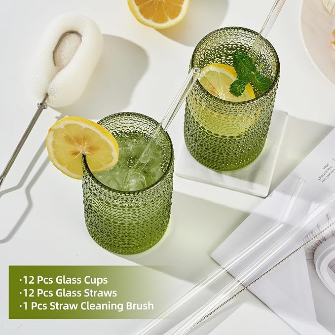 16oz Hobnail Drinking Glasses Set of 12, Vintage Large Capacity Embossed Green Tumblers, Highball Glasses for Water, Cocktail, Beer, Whiskey, Juice & Bar Use - Image 4