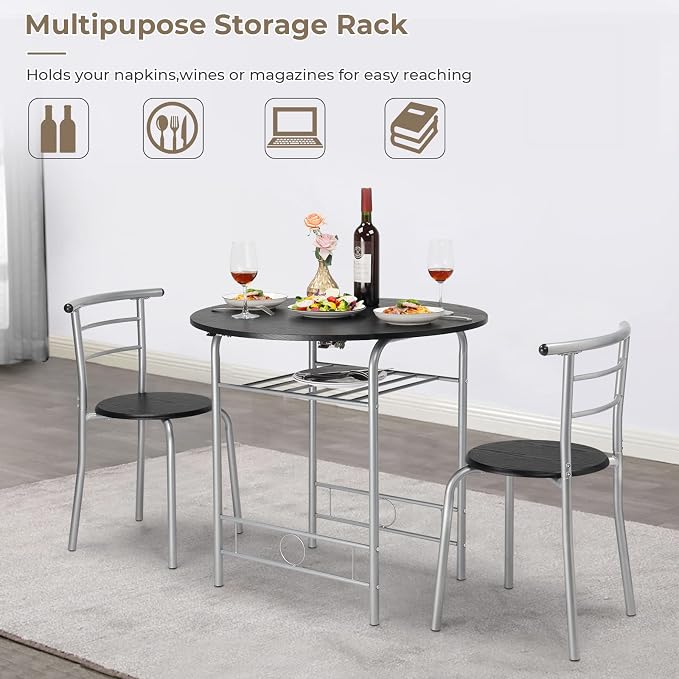 VINGLI 31.5" Drop Leaf Dining Table Set for 2, 3 Pieces Dining Table with Chair for Small Space, Small Kitchen Extendable Folding Dining Table for Dining Room，Home, Apartment, Saving Places, Black - Image 2