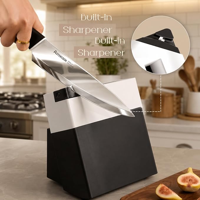 Astercook Knife Set, Kitchen Knives with Block and Sharpener 15 Pcs German Stainless Steel Knives Sharp Blade Dishwasher Safe Deba Knives with Ergonomic Handle, Elegant Black - Image 5
