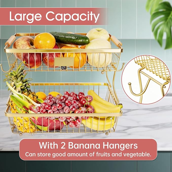 Fruit Basket Bowl 2 Tier Detachable with 2 Banana Hangers, Fruit Stand Holder for Kitchen Countertop, Metal Wire Vegetable Storage Organizer, for Bread Snack Veggies Produce,Gold - Image 3