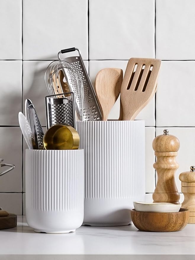 LE TAUCI Utensil Holder for Kitchen Counter, 7.3"+5.4" Fluted Ceramic Utensil Crock Organizer for Countertop, Heavy Large Holder for Spatulas, Spoons, Set of 2, White, Kitchen Counter Decor - Image 3