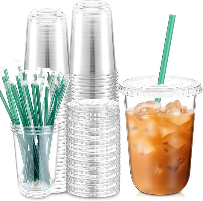 Baderke 25 Set Plastic Cups with Lids and Straws, Disposable Plastic Iced Coffee Cup for Cold Beverage Juice Smoothie Crystal for Coffee Shops Party Catering(Clear,16 oz) by Baderke