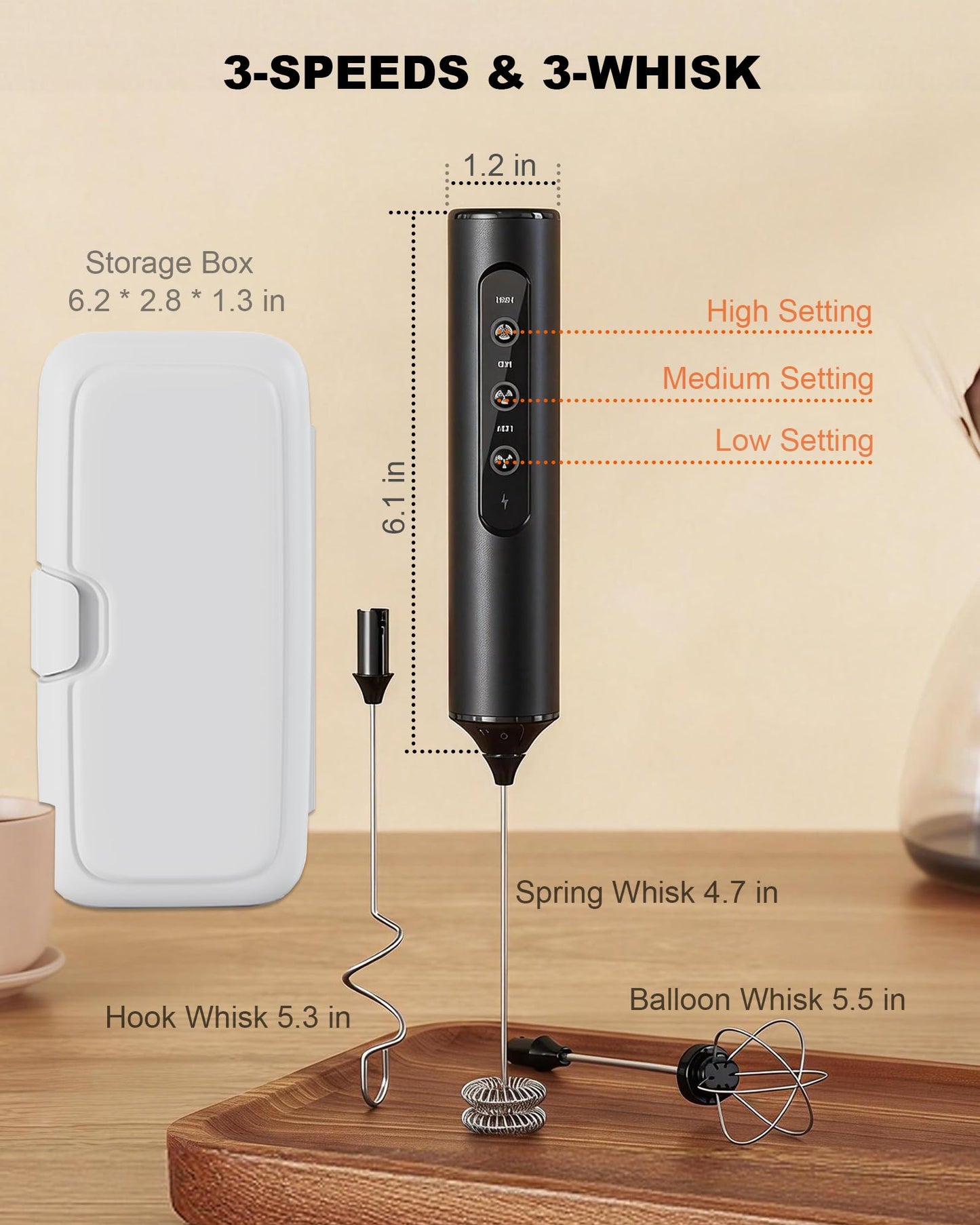 Rechargeable 3-Speed Milk Frother Wand (Black)