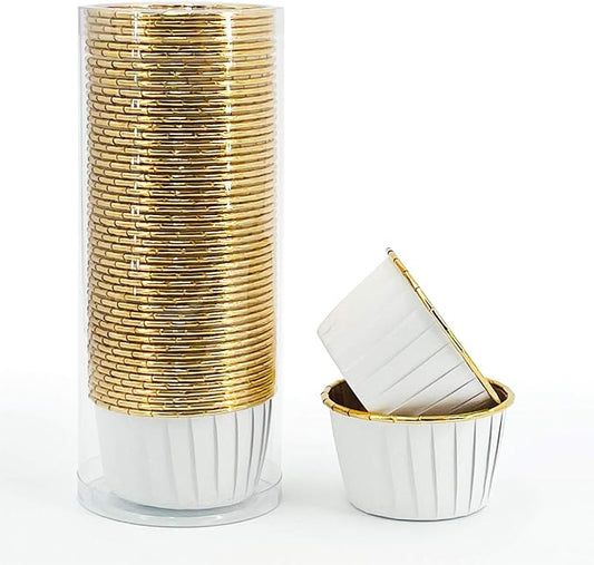 Party Hippo Cupcake Cups, 3.5 Oz 50 pcs Disposable Foil Muffin Liners, Gold Baking Cups, Ramekin Aluminum Cupcake Tip Pan Ramekin Holders, Little Baking Cups (White) by PARTYHIPPO