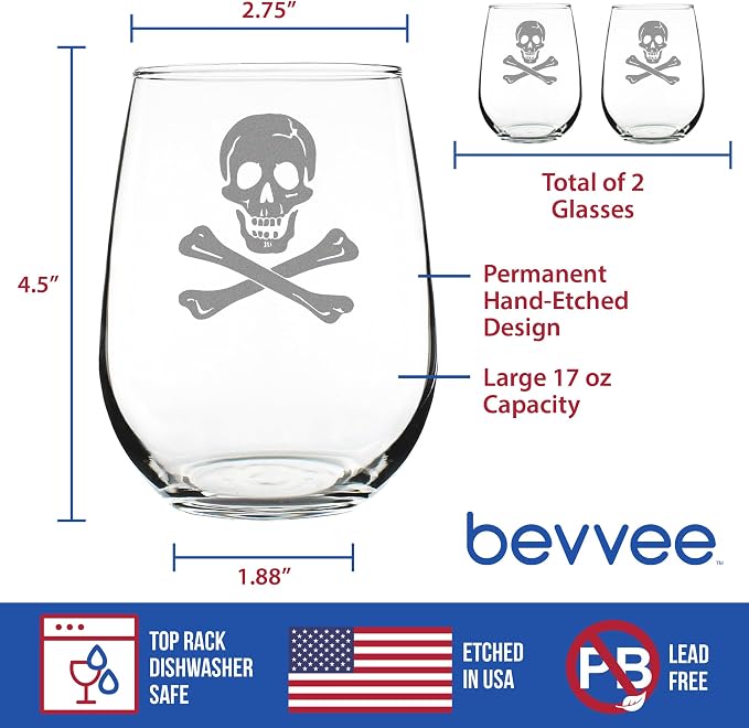 Skull and Crossbones Wine Glass Engraved in Colorado - 17 oz - Set of 2 | Bevvee Gift ideas for pirate enthusiast or sailor who loves skull glassware. Wine glass drinkware for home bars and parties - Image 4