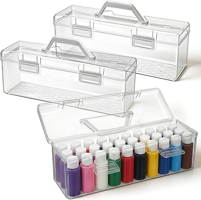 SHENLIU 3 Pcs Acrylic Paint Storage Box, 30 Bottles Capacity Acrylic Paint Organizer for 2 fl. oz Bottles, Plastic Portable Craft Art Organizer with Handle Art Supply Clear Boxes