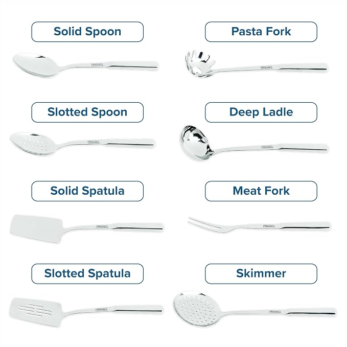 Viking Kitchen Utensils Set, 8 Piece Stainless Steel Cooking Utensil Set, Includes Spatulas, Spoons, Pasta Fork, Deep Ladle, Meat Fork, and Skimmer, Silver - Image 4