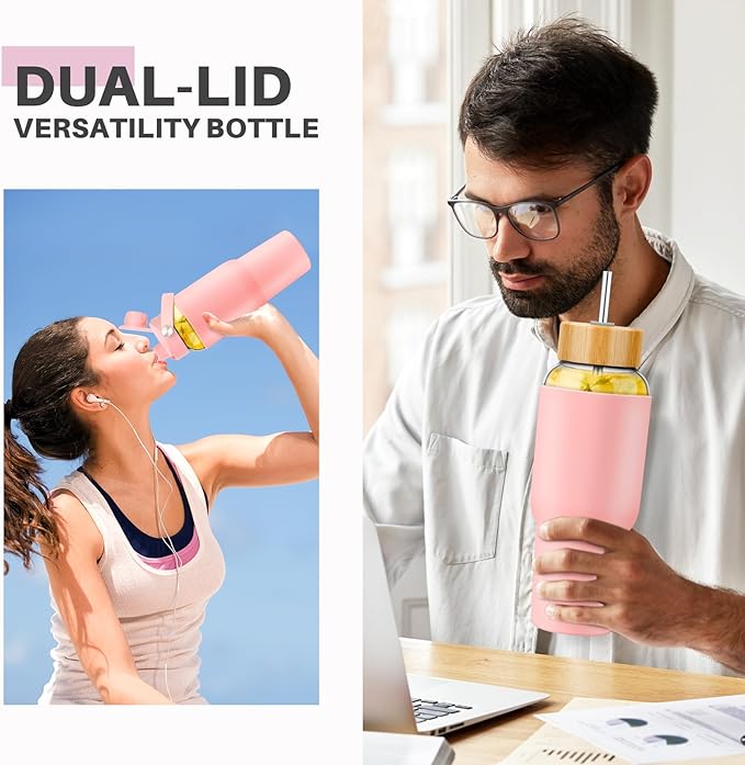PROBTTL Glass Water Bottles, 1 Liter Glass Tumbler, Borosilicate Water Bottle with Straw, Silicone Sleeve, 2 Lids - Handle Spout & Bamboo Straw Lid, Fits Car Cup Holder (Pink, 40 Ounces)