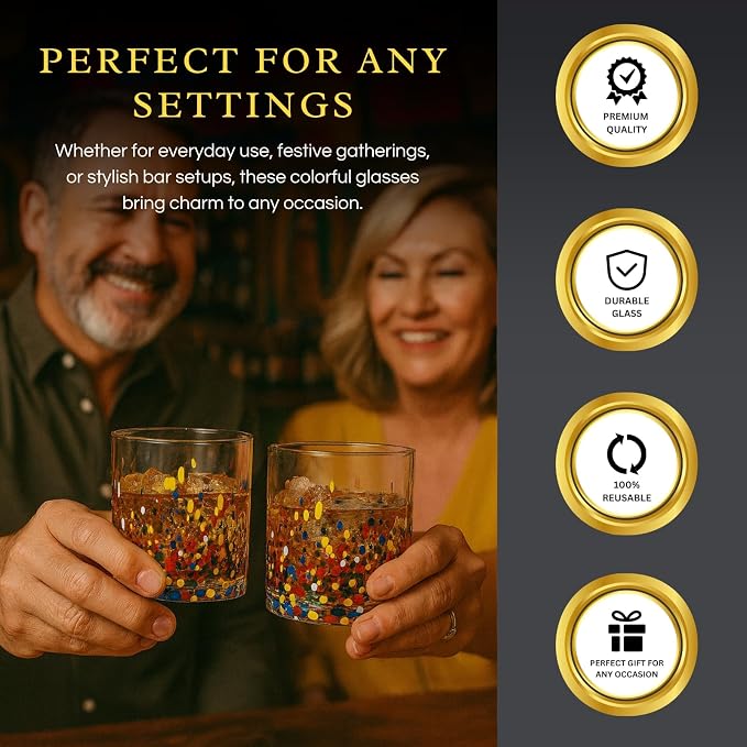 Large Confetti DOF Glasses – Set of 2-11oz Luxury Hand Blown Confetti Whiskey, Margarita, Martini, Cocktails, Water, Wine, Dessert & Champagne Glasses Cinco de Mayo, Hand Blown - Mexican Water Glass - Image 4