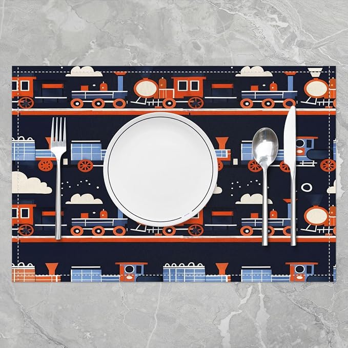Feelyou Train Placemats Set of 4 Cartoon Train Transportation Table Mats Colorful Steam Engine Place Mat for Kitchen Dining Table Party Decor Indoor Outdoor 18"x12" Easy to Clean - Image 2