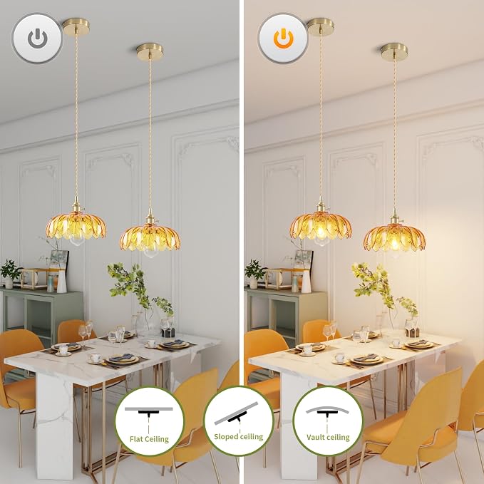Kitchen Island Pendant Lights, E26 Nordic Pendant Lamp 10.3“ Small Vintage Style Amber Glass Hanging Lighting Fixtures Over Dining Room Table for Bedroom,Bar,Over Sink UL Certified Lighting - Image 6