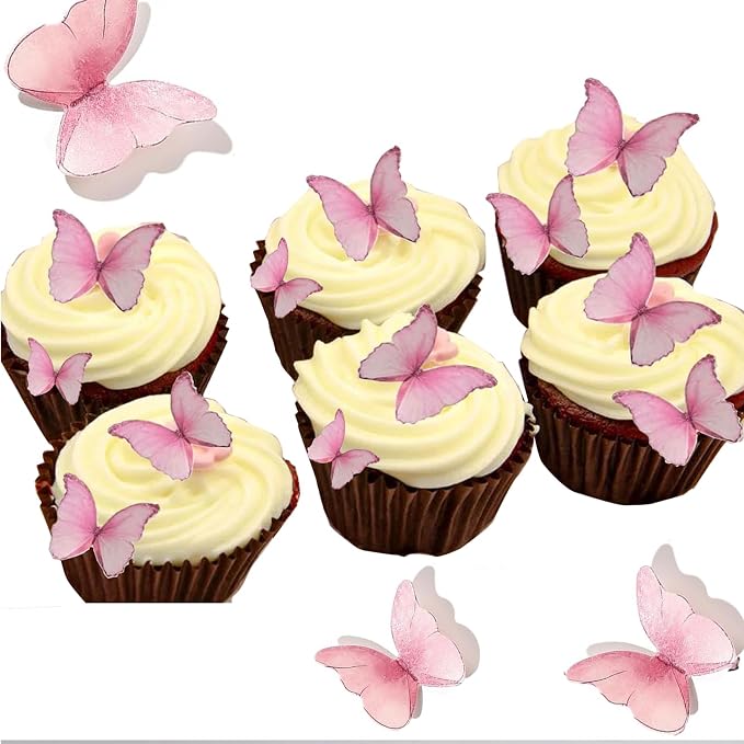 YOcity 48Pcs Edible Butterflies Cake Cupcake Toppers Pink Wafer Paper Butterfly Cake Decorations for Wedding Birthday Party Cupcakes Decorating Pink by YOcity