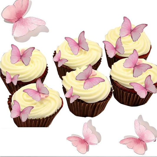 YOcity 48Pcs Edible Butterflies Cake Cupcake Toppers Pink Wafer Paper Butterfly Cake Decorations for Wedding Birthday Party Cupcakes Decorating Pink by YOcity