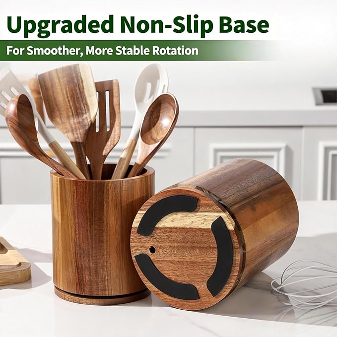 Wood Utensil Holder, 360° Rotating 7.3 in Kitchen Organizer | Rustic farmhouse countertop decor. 360° rotating base holds spatulas, ladles, tongs, and cooking tools. Rich cherry finish - Image 6