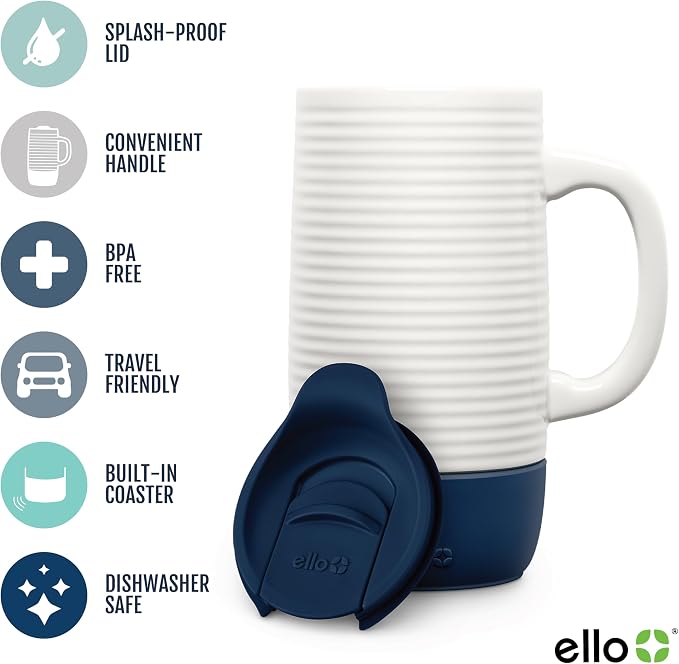 Ello Jane 18oz Ceramic Travel Mug with Handle, Splash-Resistant Slider Lid and Built-in Coaster, Perfect for Coffee and Tea, BPA Free, Dishwasher Safe, Holiday Gift Her Him, Midnight - Image 2