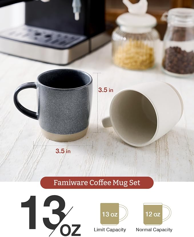 famiware Coffee Mugs Set of 4, Milkyway 13 oz Mug Set, Ceramic Cup Set with Handle for Coffee, Tea, Cocoa, Milk, Matte White + Matte Dark Charcoal (Pack of 2) - Image 3