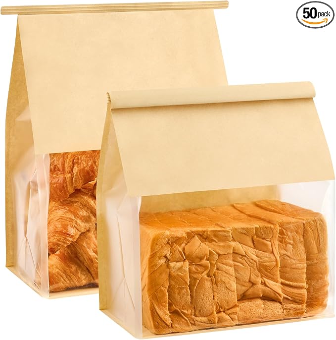 Ocmoiy Bread Bags for Homemade Breads, 8.7 x 4.3 x 11 Inches, 50 Pack | Tin Tie Tab Lock, Resealable, Large Bakery Packaging Bags with Window, For Sourdough Bread, Bagels, Pastry by Ocmoiy