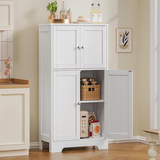 TEENFON Bathroom Floor Storage Cabinet, Freestanding Bathroom Storage Unit with 2 Adjustable Shelves & 4 Doors, White - Image 5