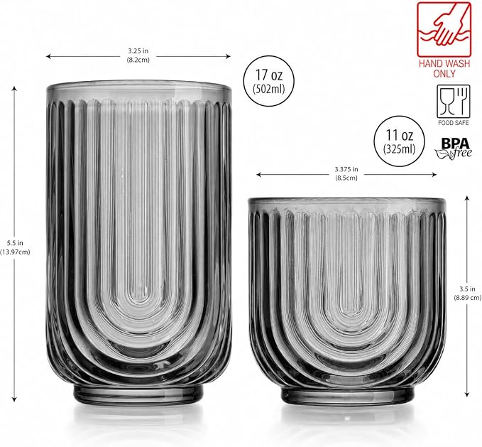 16 Piece Smoke Glassware Set, Beautiful Art Deco Black Drinking Glasses, Ribbed U-Shape Design, 8 Highball 17oz and 8 Whiskey 11oz DOF Handwash Only - Image 3